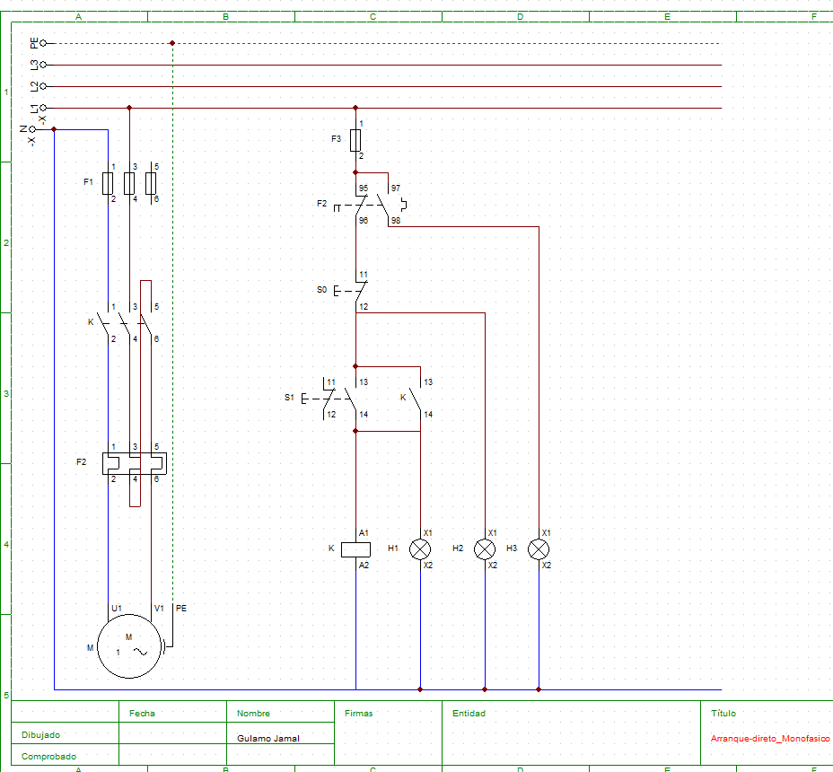 Diagrama do circuito de arranque directo de motor monofásico com sinalização