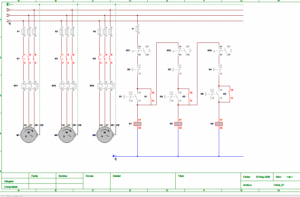 Diagrama de força e comando do arranque sequencial de três motores trifásicos