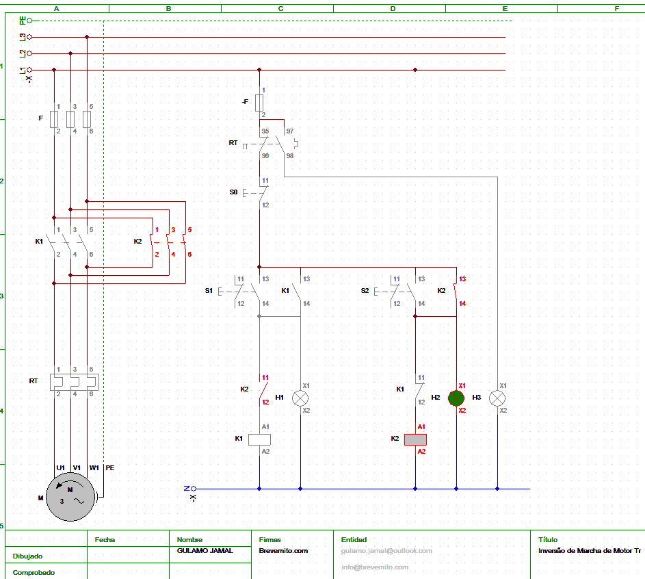 Diagrama do circuito de inversão de marcha de motor trifásico